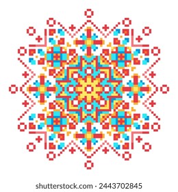 Abstract geometric triangle kaleidoscope mandala pixel art design symbol - symmetric vector art pattern from colored triangles. 8-bit. Isolated vector illustration.