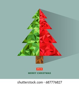 Abstract geometric triangle low poly art style green and red christmas tree greeting card, polygonal design for brochure, magazine, poster, leaflet, print, ad, icon, Vector illustration