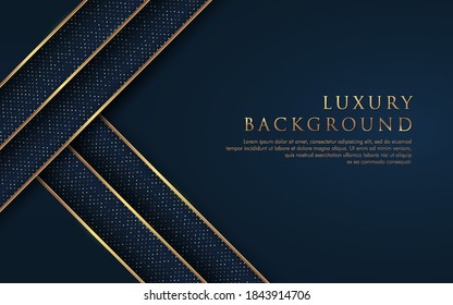 Abstract geometric triangle overlapping on dark navy blue background with shiny glitter and golden light lines glowing dots golden combinations. Luxury and elegant design concept. Vector illustration