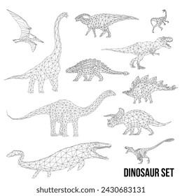 Triángulo geométrico abstracto conjunto de dinosaurios poligonales silueta aislada sobre fondo blanco	