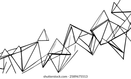 Abstract geometric triangle shapes. Black ink sketch on white background. Graphic design, website banner, or modern branding. Hand-drawn lines, dynamic composition, minimalist art.
