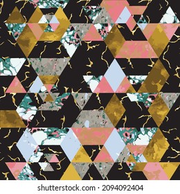 Abstract geometric triangles with marbled design and golden elements