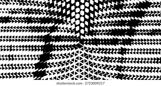 Patrón de triángulos geométricos Abstractas. Hipster Diseño de Moda Imprimir Patrón de Triángulo. Fondo de efecto de semitono. Flechas blancas y negras que apuntan a la izquierda y a la derecha.