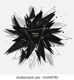 Abstract geometric triangles and polygons explosion. Future electronic design concept element. Black and gray colors.