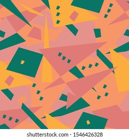 Abstract geometric triangles and rectangles design in teal, pink, yellow and orange. Seamless vector pattern. Great for wellness, spa, cosmetics, fabric,summer, packaging, stationery, home decor.