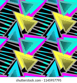 Abstract geometric triangles seamless background.Memphis style neon colors.