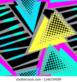 Abstract geometric triangles seamless background.Memphis style neon colors.