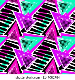 Abstract geometric triangles seamless background.Memphis style neon colors.