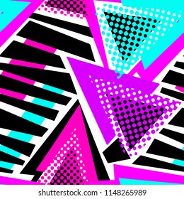 Abstract geometric triangles seamless background.Memphis style neon colors.