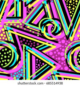 Abstract geometric triangles seamless background.Memphis style neon colors.