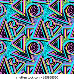 Abstract geometric triangles seamless background.Memphis style neon colors.