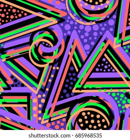 Abstract geometric triangles seamless background.Memphis style neon colors.