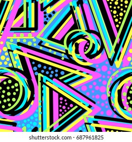 Abstract geometric triangles seamless background.Memphis style neon colors.