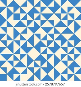 Abstract Geometric Triangles and Shapes on squares in white and navy blue seamless pattern. For quilting fabric, textile and wallpaper 