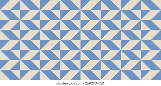 Abstract Geometric Triangles and Shapes on squares in beige and blue seamless pattern