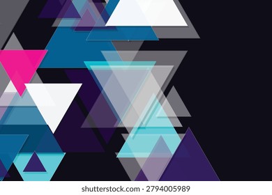 Abstract geometric triangles in vibrant blue, purple, and pink shades on dark background, geometric shapes