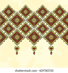 Abstract geometric tribal background with hearts on yellow grunge background. Art vector illustration.