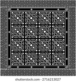 Abstractas patrón tribal geométrico en color blanco y negro. Ornamento simétrico de inspiración étnica con líneas afiladas y Formas repetitivas. Conveniente para el diseño textil, la tela, el Fondo de pantalla, el tatuaje, el cartel, la marca, el empaquetado, y el fondo decorativo. Ilustración de estilo de Vector de alto contraste