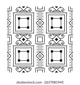 Abstract geometric tribal pattern with squares and symmetrical swirls in black lines on a white background. Concept of ethnic design. Vector illustration