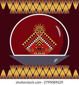 Abstract geometric tribal vector illustration featuring a stylized central motif inside a semi-circle, accented with bold red, black, and gold chevron patterns on a dark background.