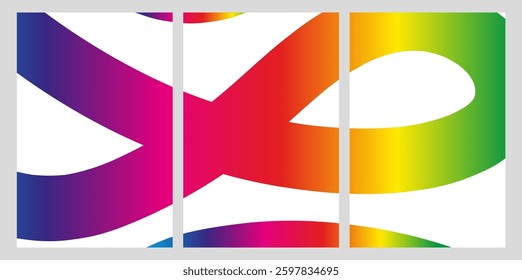 Abstract geometric triptych with intertwined ribbon in rainbow gradient on white background. Modern wall art for interior decoration