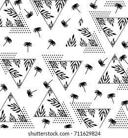 Abstract geometric tropical pattern.Black and white Memphis,vintage pattern background with halftone textured triangles,palm leaves and trees.For textile,prints,wallpaper,fabric.Vector illustration.