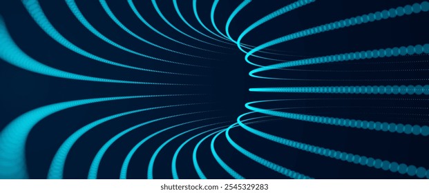 Abstractas túnel geométrico de partículas. Embudo 3D, agujero de gusano o vórtice. Fondo de Vector de Tecnología. Ilustración vectorial.