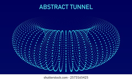 Abstract geometric tunnel of particles. 3D funnel, wormhole or vortex. Technology vector background. Vector illustration.