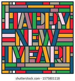 Abstract Geometric Typography of 'Happy New Year'. 90s Style Typography for New Year Poster, Banner, Greeting Card and Cover Design.