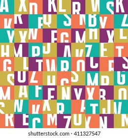 Abstract geometric typography letters background - seamless vector pattern. Graphic ornament mosaic. Font design element. Red, green, lilac colors. 