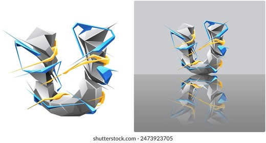 Abstract geometric U letter. Digital technology alphabet. Modern polygonal ABC in gray cement color with blue yellow abstract elements. 3D font letter with reflection on the floor. Vector illustration