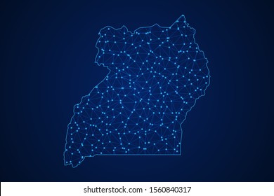 Abstract geometric of Uganda map polygonal line, structure and point scales on blue dark background with lights and dots. Vector illustration eps 10.