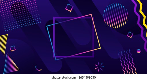 Abstract geometric ultraviolet background. Modern futuristic style. Banner with chaotic geometric shapes. Circle and rainbow stripes.