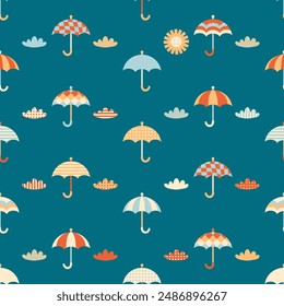 Abstract geometric umbrella in the sky seamless pattern. Perfect print for textile, fabric, T-shirt. Retro style vector illustration.