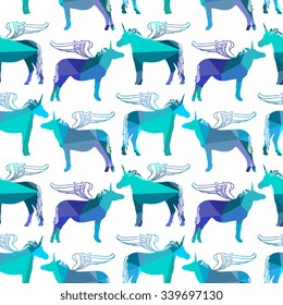 Abstract geometric unicorn seamless pattern with wing