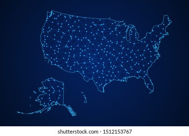 Abstract geometric of United states of America map polygonal line, structure and point scales on blue dark background with lights and dots. Vector illustration eps 10.