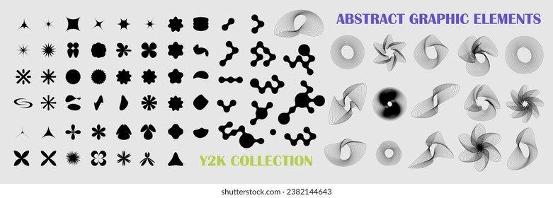 Abstract geometric. Universal star and flower shape, basic forms. y2k collection. Simple digital isolated elements for design. Trendy minimalistic bauhaus and boho form, retro futuristic vector set