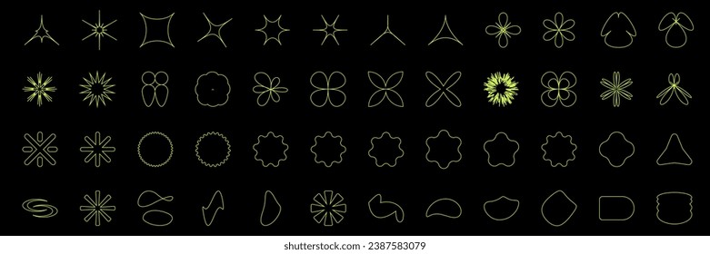 Abstract geometric. Universal star and flower shape, neon basic forms. y2k collection. Simple digital isolated elements for design. Trendy minimalistic bauhaus boho form, retro futuristic, vector set