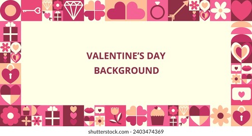 Abstract geometric Valentines day background with place for text. Icons with symbols of love, heart, gift, lips, jewel. Trendy design for banner, background, wallpaper, cover.