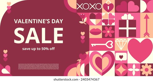 Abstract geometric Valentines day banner on dark background for advertising. Icons with symbols of love, heart, gift, lips, jewel. Trendy design for banner, background, wallpaper, cover, offer