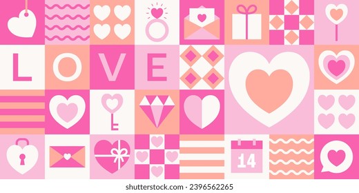 Abstract geometric Valentine's day pattern with simple elements and shapes. Cute modern background. Vector illustration