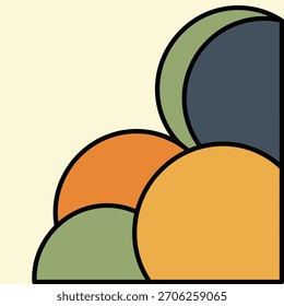 Arte vectorial geométrico Abstractas con círculos superpuestos en naranja, verde y azul, con contornos negros gruesos y un estilo de relleno plano.