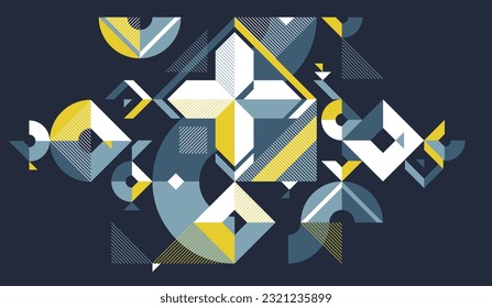 Abstract geometric vector background, artistic wallpaper composition over dark, abstraction art in style of Bauhaus, modern style design.