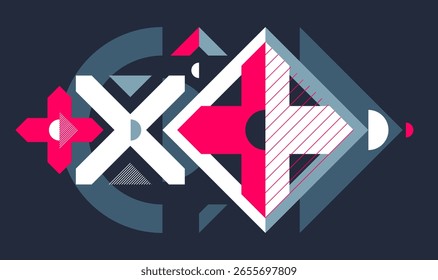 Abstract geometric vector background, artistic wallpaper composition over dark, abstraction art in style of Bauhaus, modern style design.