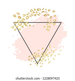 Abstract geometric vector background, brush illustration. Pink ink brush stroke with rich golden exotic leopard animal skin texture