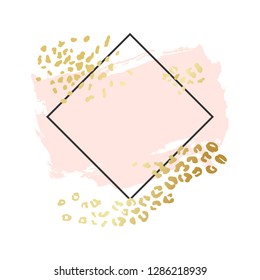 Abstract geometric vector background, brush illustration. Pink ink brush stroke with rich golden exotic leopard animal skin texture