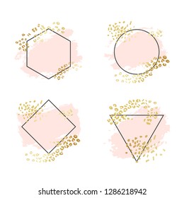 Abstract geometric vector background, brush paint illustration, frame, element, shape set. Pink ink brush stroke with rich golden exotic leopard animal skin texture