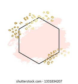 Abstract geometric vector background, brush illustration. Pink ink brush stroke with rich golden exotic leopard animal skin texture