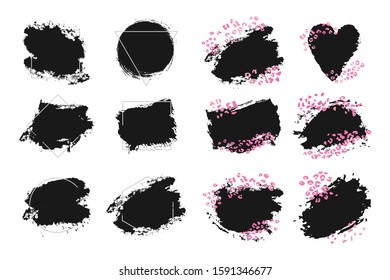 Abstract geometric vector background, brush paint illustration, frame, element, shape set. Black ink brush stroke with pink exotic leopard animal skin texture