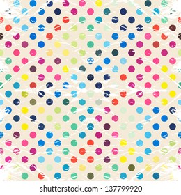 Abstract geometric vector background - circles. Rainbow dot on old paper background. Vector retro rumple paper seamless pattern.